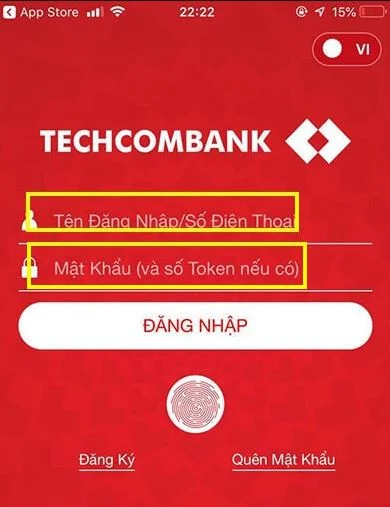 Quên mật khẩu đăng nhâp App Techcombank