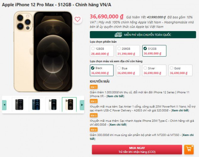 Giá iPhone 12 Pro Max tại Hoanghamobile