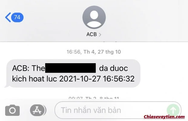 Tin nhắn thông báo kích hoạt thẻ ATM ACB thành công