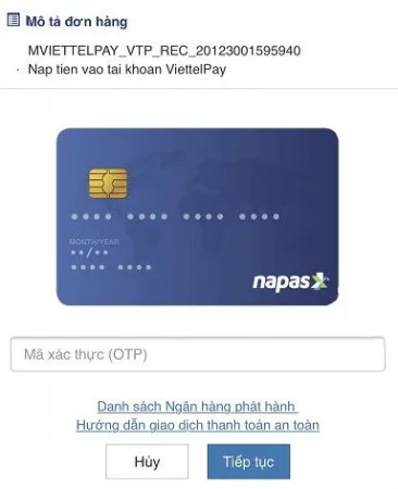 Nhập mã OTP hoàn thành giao dịch nạp tiền Viettel Pay