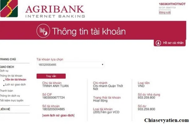 Kiểm tra sô dư tài khoản Agribank qua Internet Banking