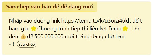 Mẫu nội dung mời kiếm tiền trên Temu